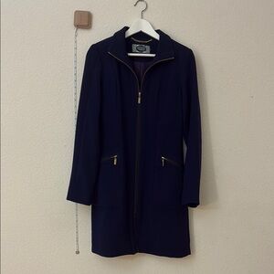 Navy Zip-Front Long Coat with Gold Zippers